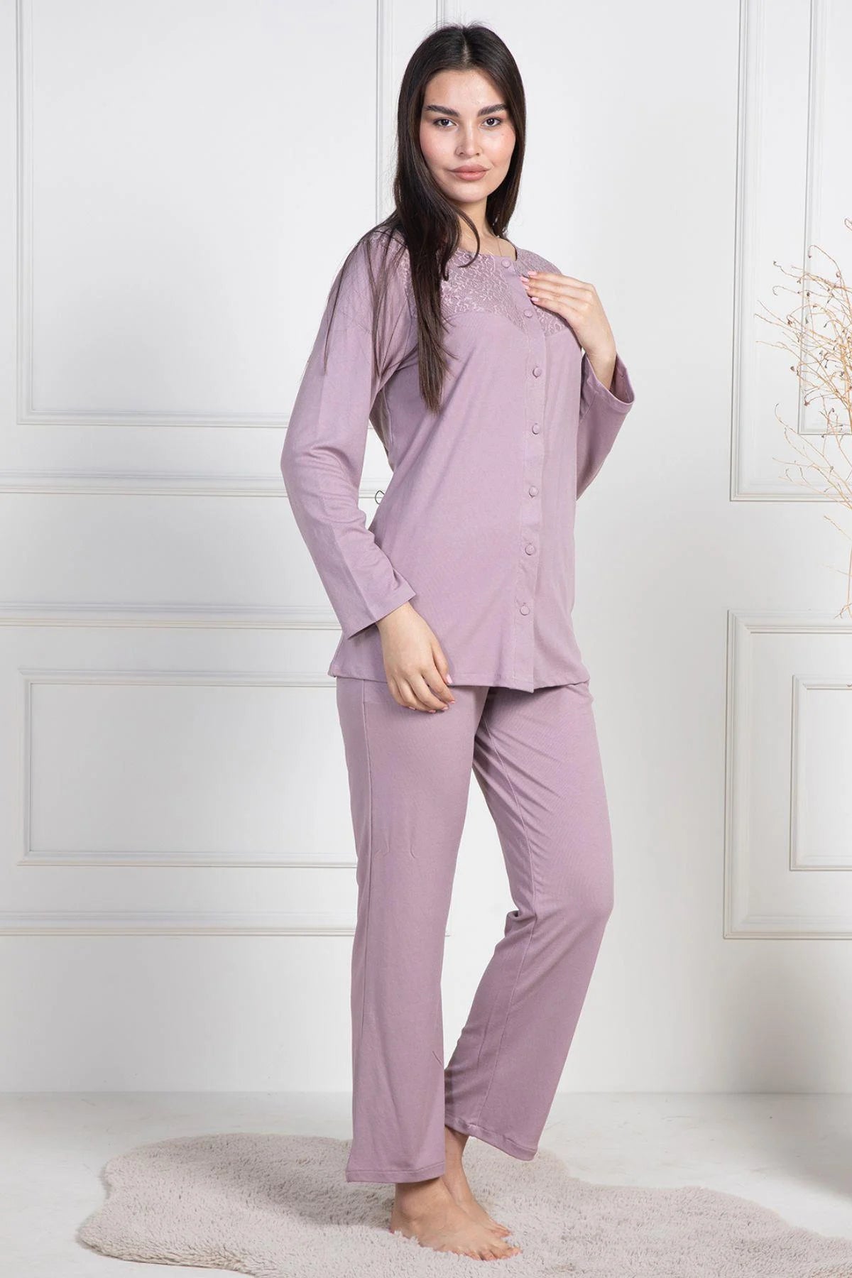 Lace Collar Buttoned Maternity Feeding-Friendly Pajama Set Dried Rose - C6105