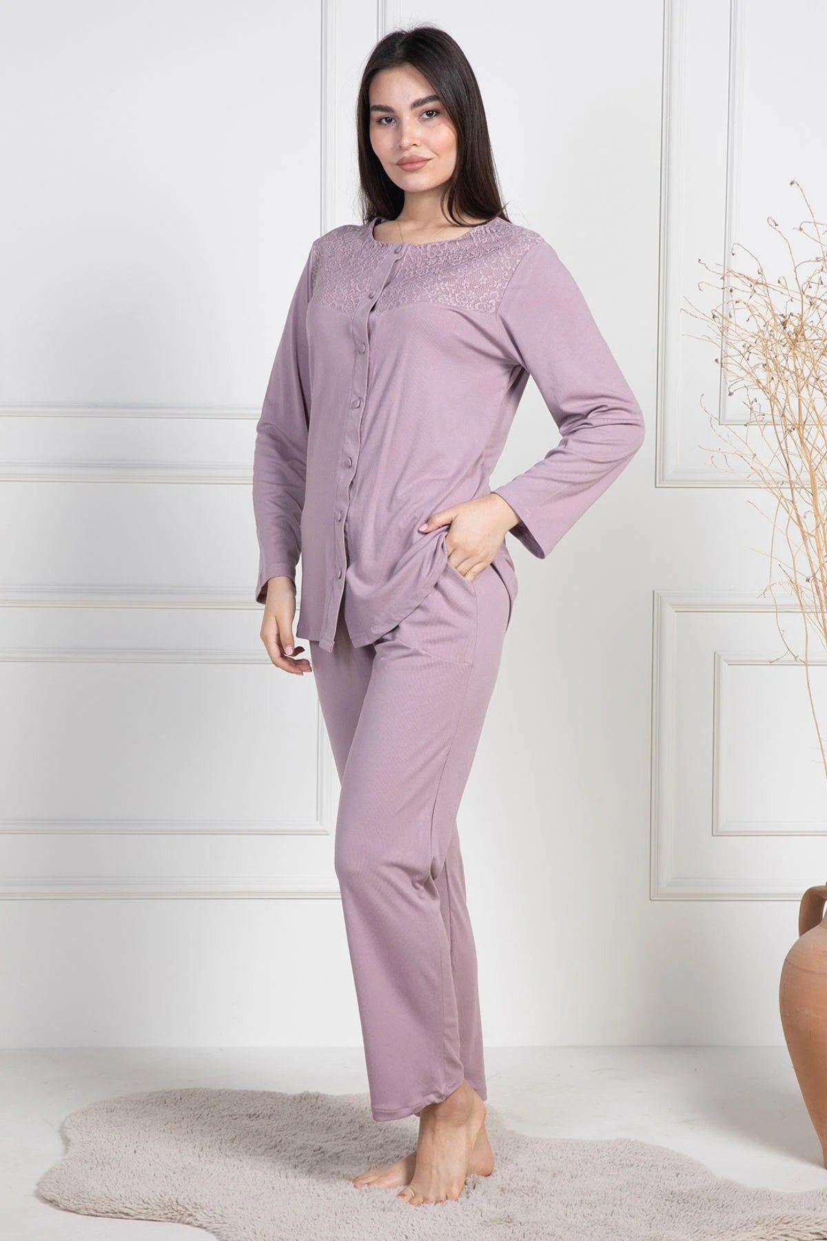 Lace Collar Buttoned Maternity Feeding-Friendly Pajama Set Dried Rose - C6105