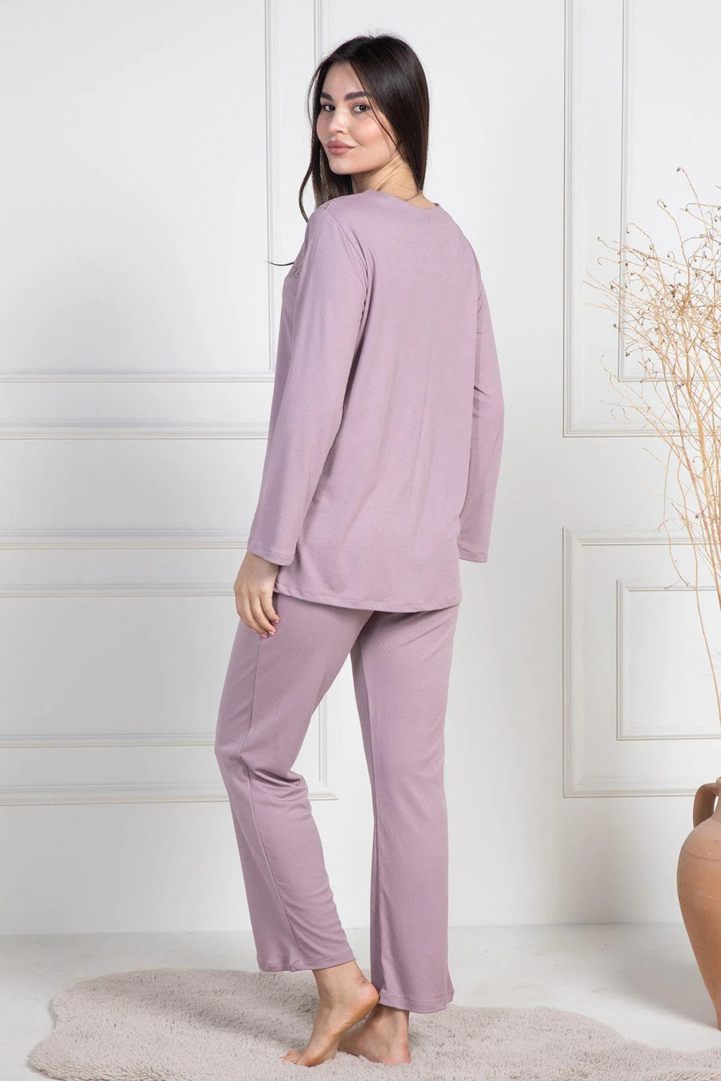 Lace Collar Buttoned Maternity Feeding-Friendly Pajama Set Dried Rose - C6105