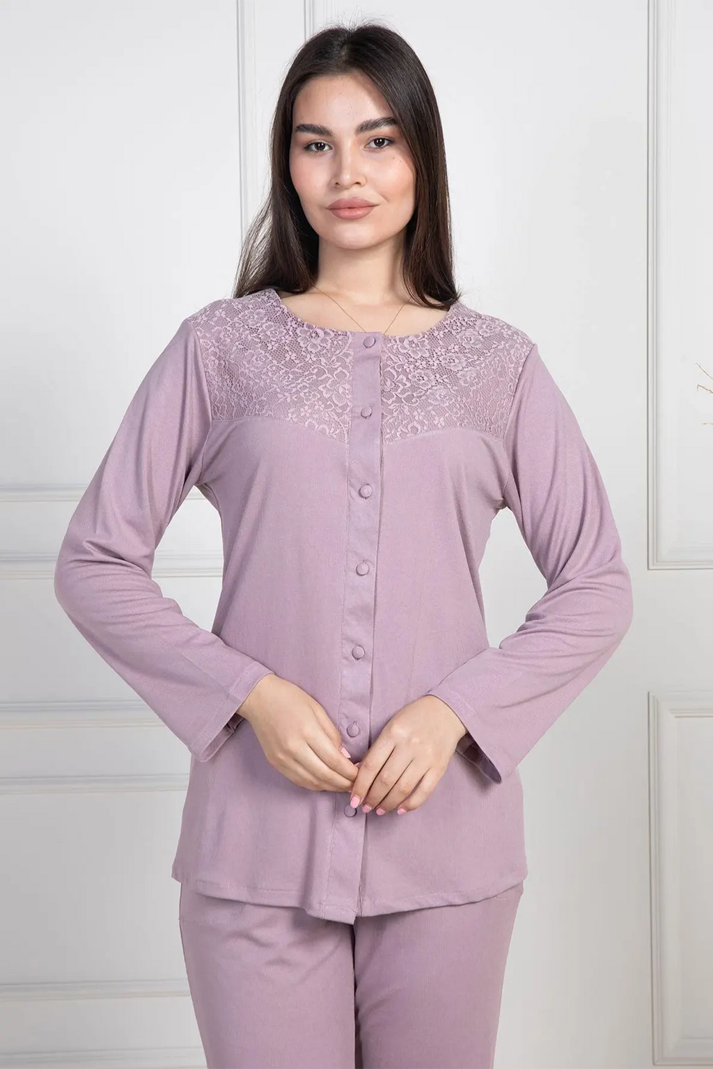 Lace Collar Buttoned Maternity Feeding-Friendly Pajama Set Dried Rose - C6105