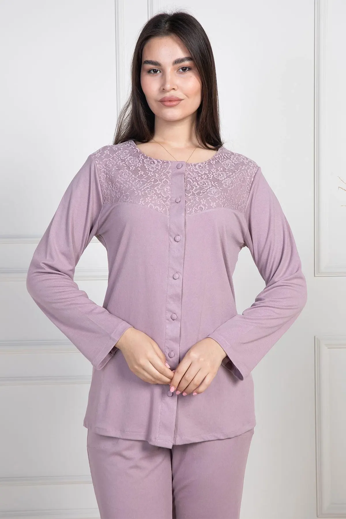 Lace Collar Buttoned Maternity Feeding-Friendly Pajama Set Dried Rose - C6105