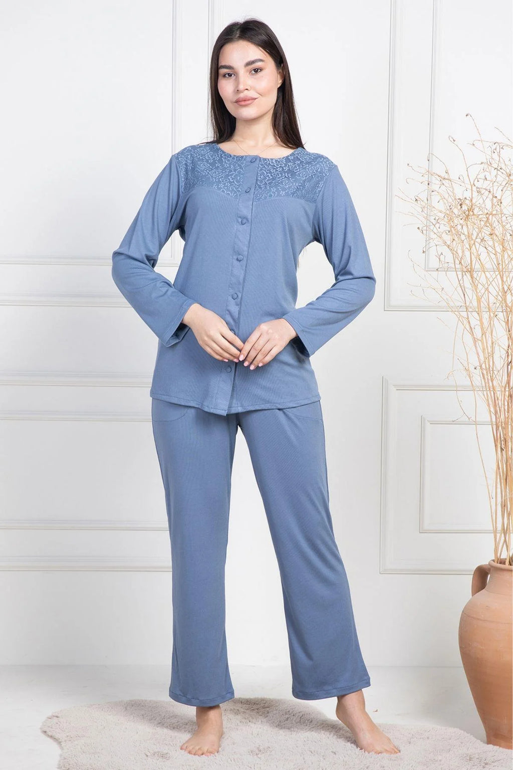 Lace Collar Buttoned Maternity Feeding-Friendly Pajama Set Indigo - C6105