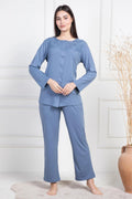 Lace Collar Buttoned Maternity Feeding-Friendly Pajama Set Indigo - C6105
