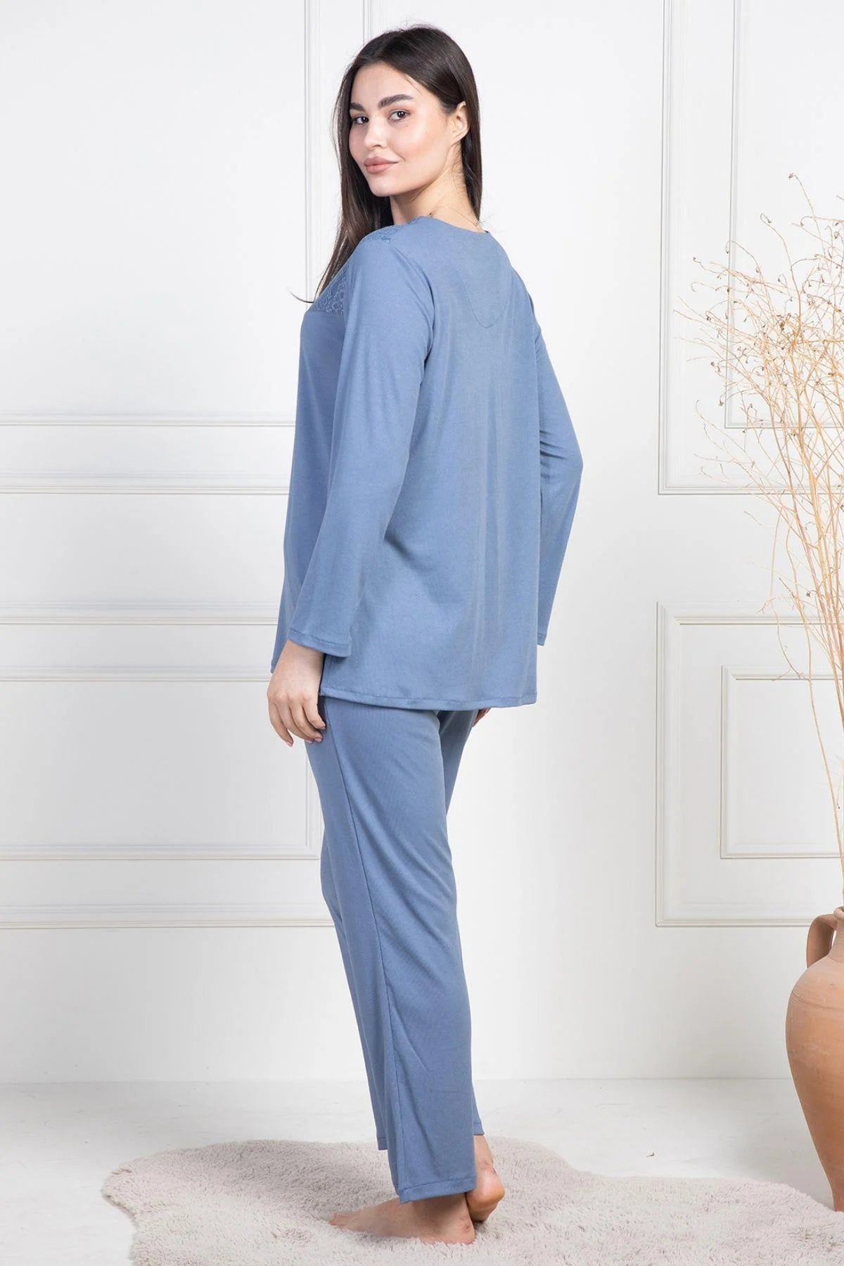 Lace Collar Buttoned Maternity Feeding-Friendly Pajama Set Indigo - C6105