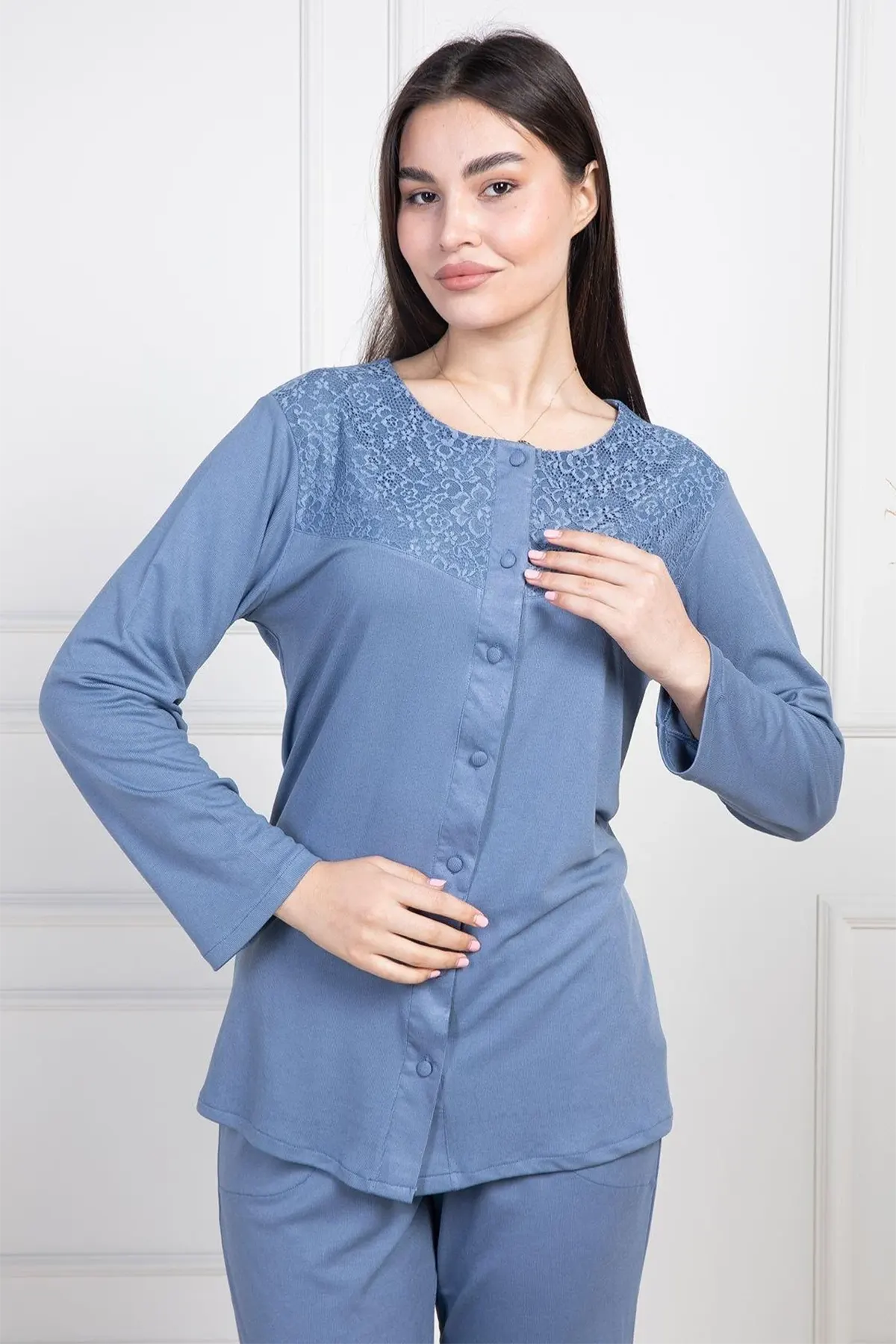 Lace Collar Buttoned Maternity Feeding-Friendly Pajama Set Indigo - C6105