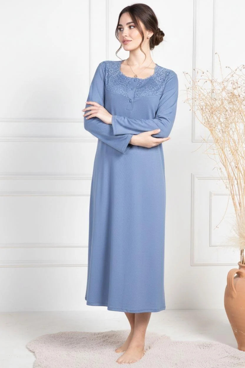 Lace Collar Maternity Feeding-Friendly Nightgown Indigo - C6106