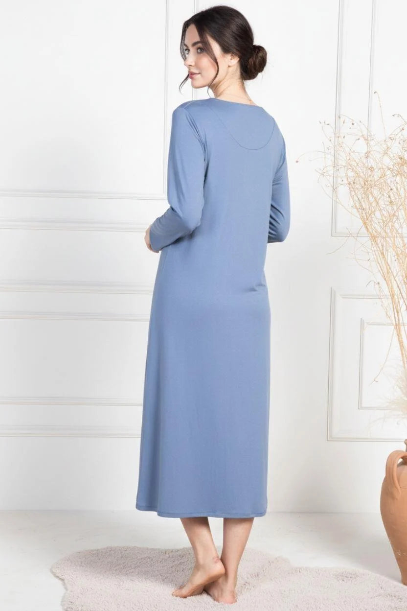 Lace Collar Maternity Feeding-Friendly Nightgown Indigo - C6106