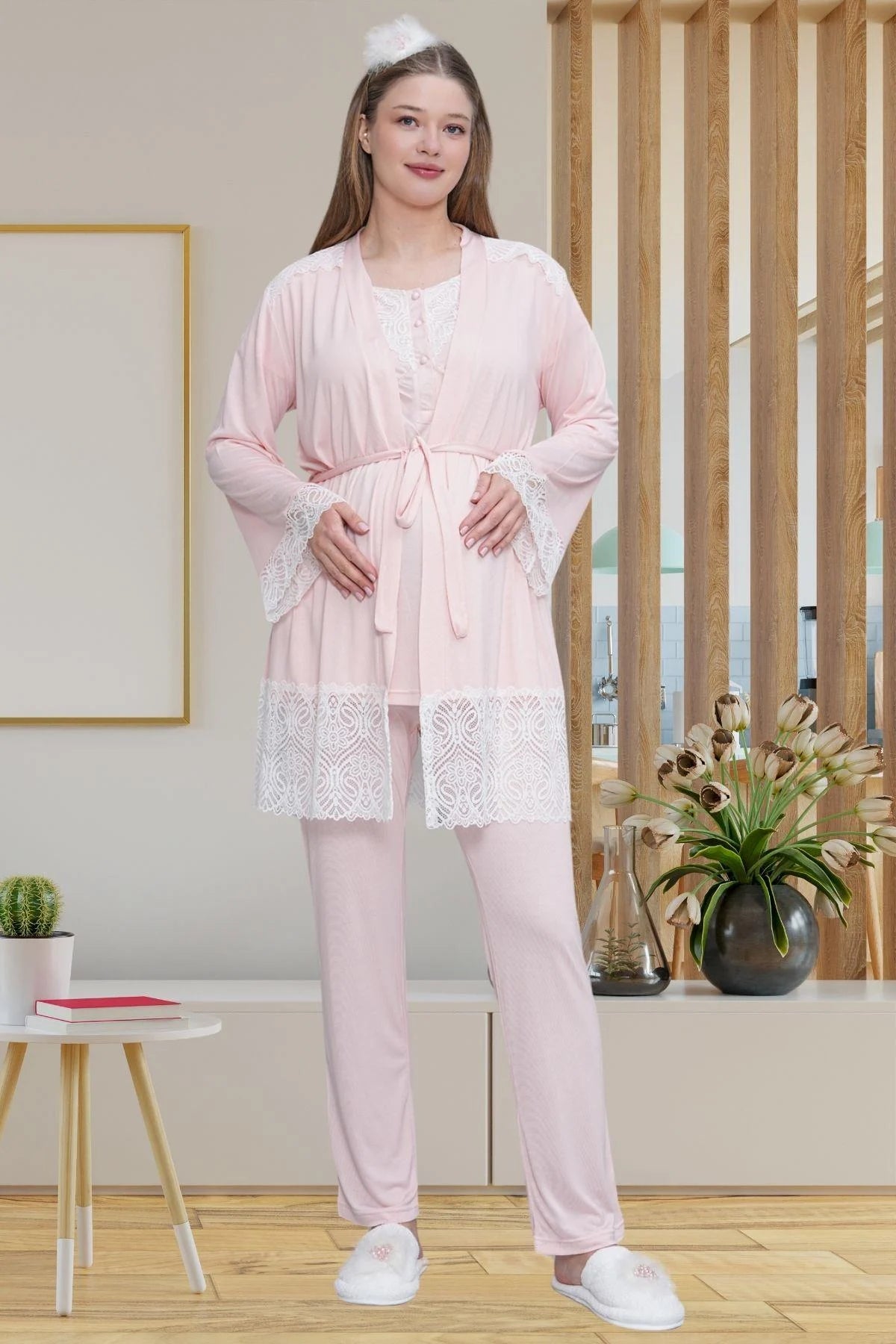 Lace Detailed 3-Piece Maternity Feeding-Friendly Pajama & Robe Set Pink - C6203