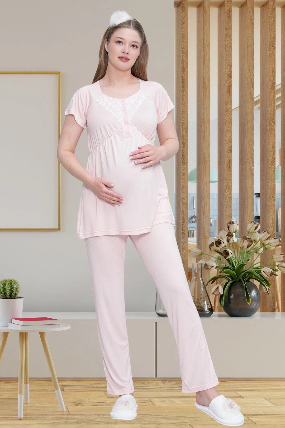Lace Detailed 3-Piece Maternity Feeding-Friendly Pajama & Robe Set Pink - C6203