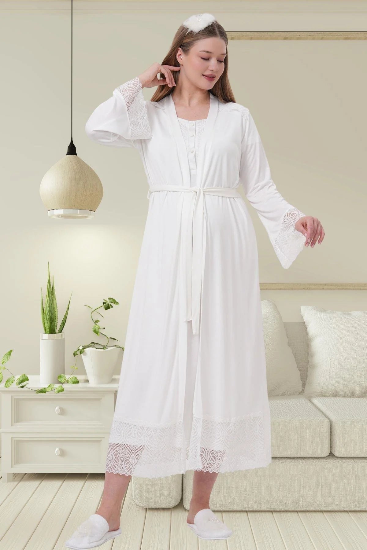 Lace Detailed Maternity Feeding-Friendly Nightgown & Robe Set Ecru - C6204