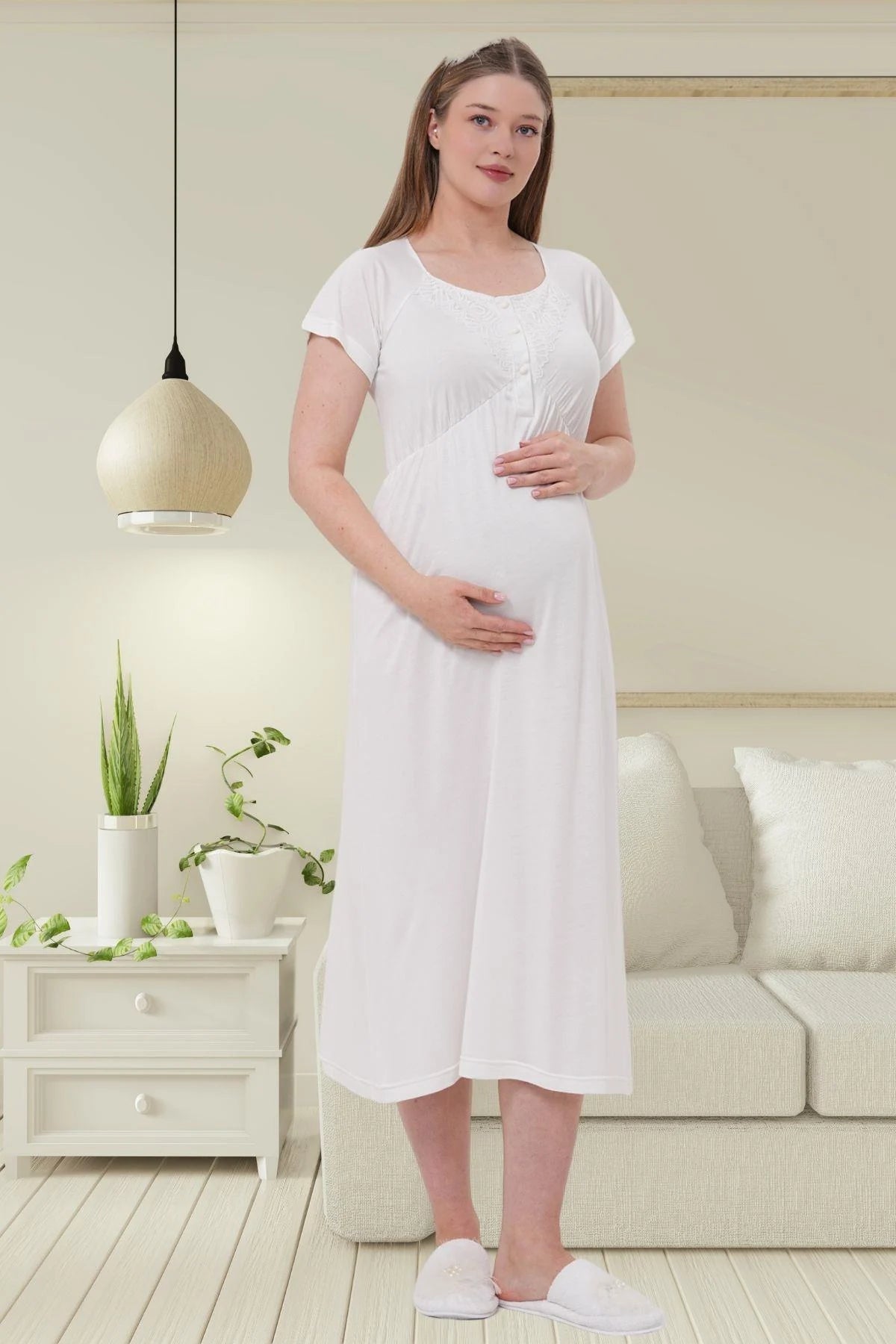 Lace Detailed Maternity Feeding-Friendly Nightgown & Robe Set Ecru - C6204