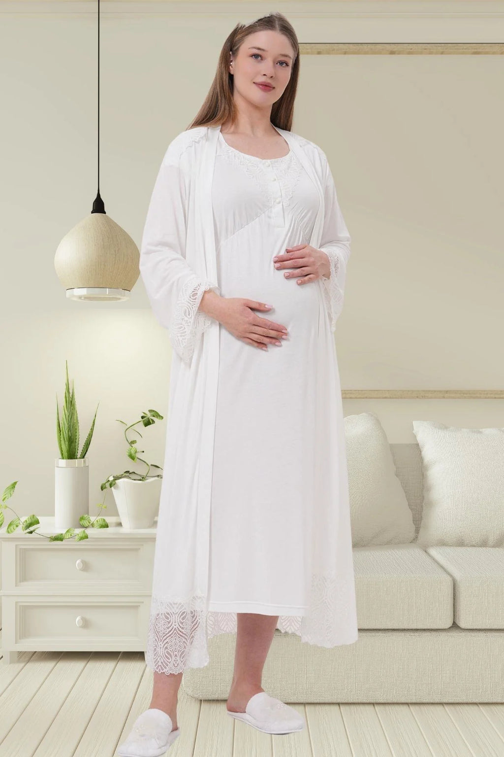 Lace Detailed Maternity Feeding-Friendly Nightgown & Robe Set Ecru - C6204