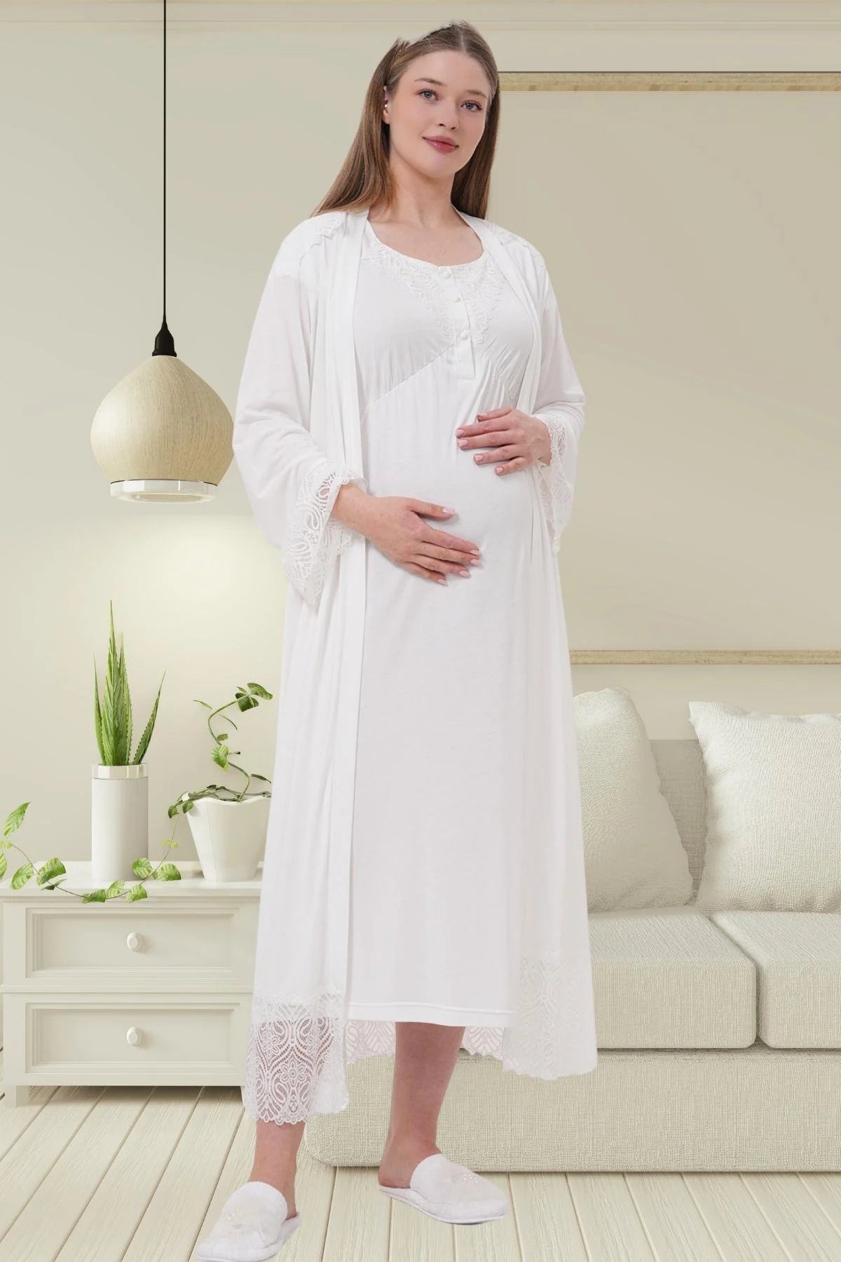 Lace Detailed Maternity Feeding-Friendly Nightgown & Robe Set Ecru - C6204