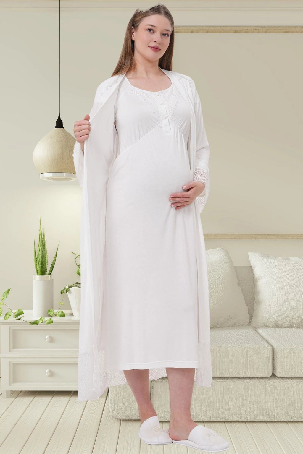 Lace Detailed Maternity Feeding-Friendly Nightgown & Robe Set Ecru - C6204