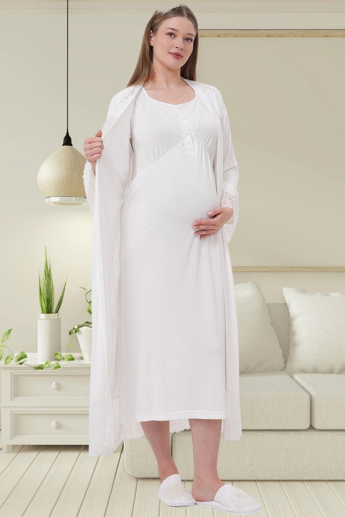 Lace Detailed Maternity Feeding-Friendly Nightgown & Robe Set Ecru - C6204