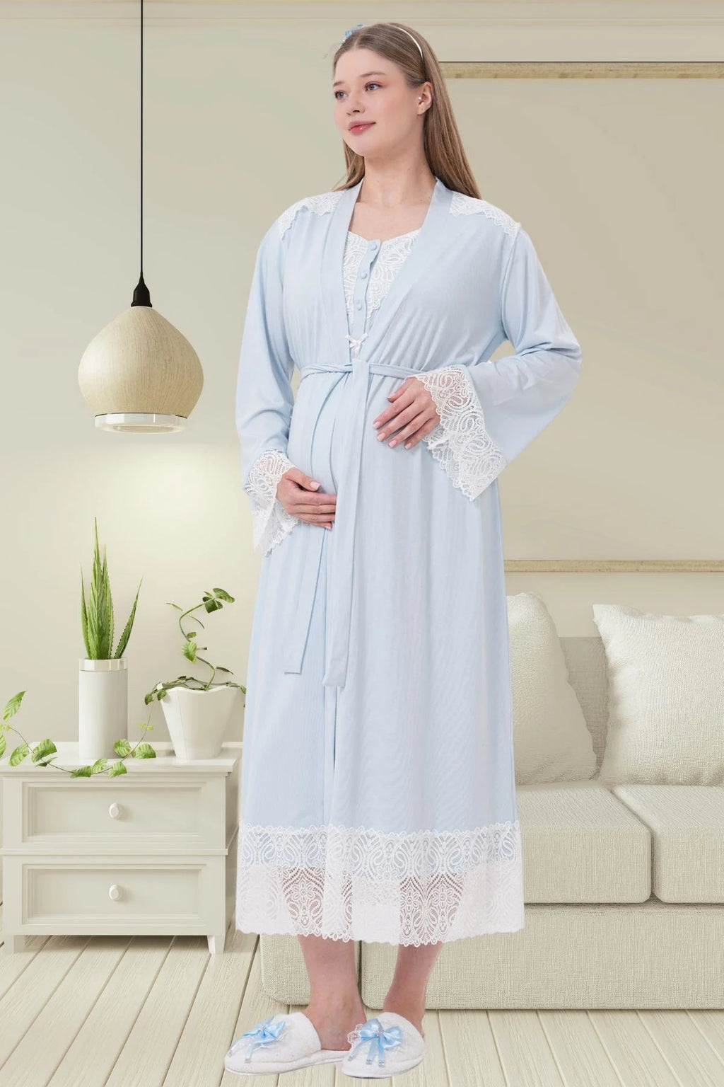 طقم رداء نوم وقميص نوم للأمهات بتفاصيل دانتيل مناسب للرضاعة، أزرق - 6204