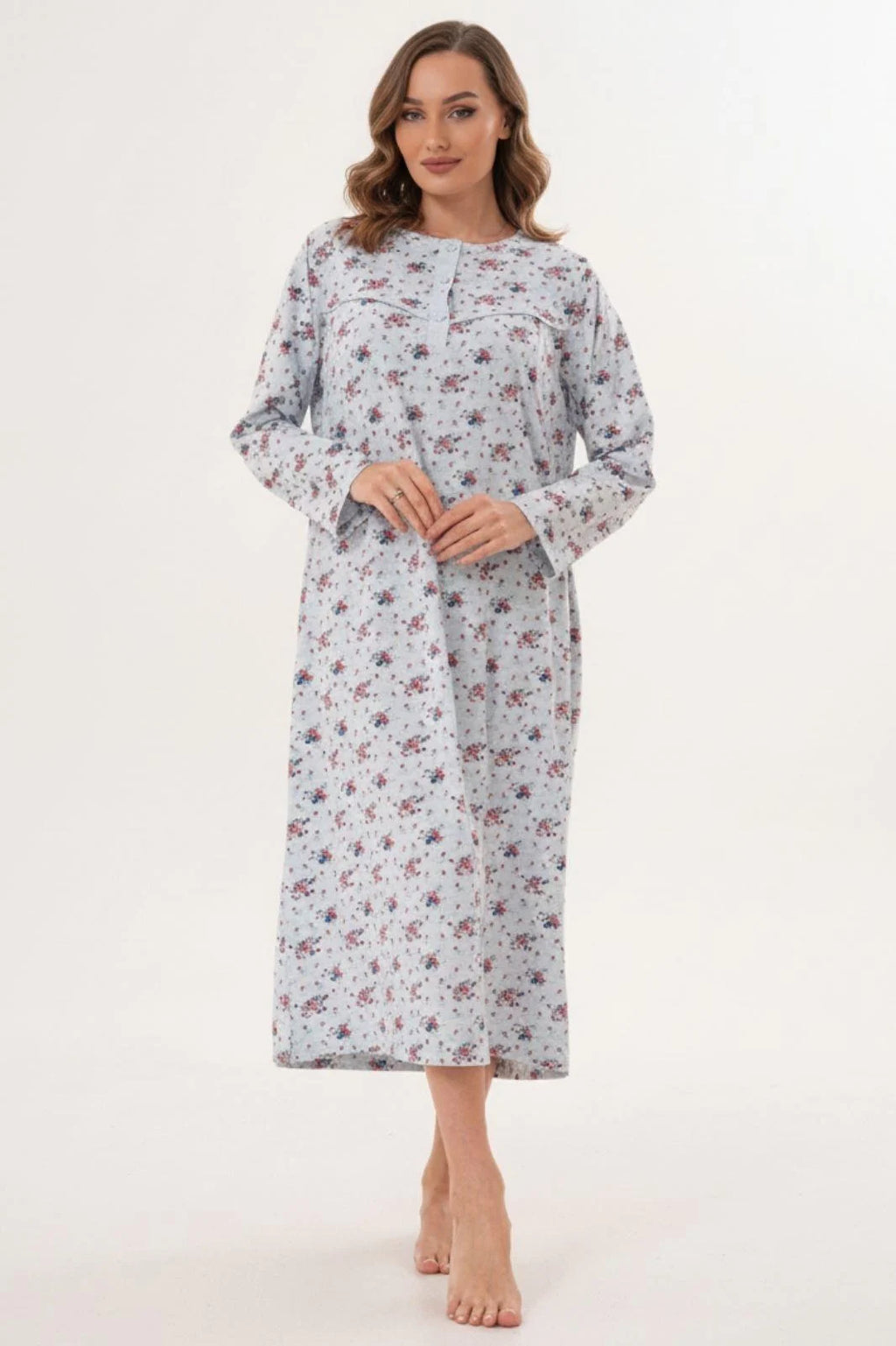 Flower Patterned Plus Size Maternity Feeding-Friendly Nightgown Blue - C6205