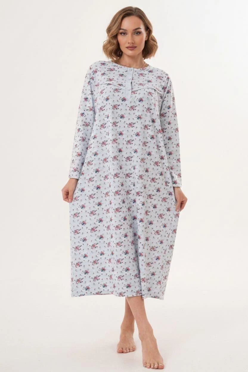 Flower Patterned Plus Size Maternity Feeding-Friendly Nightgown Blue - C6205
