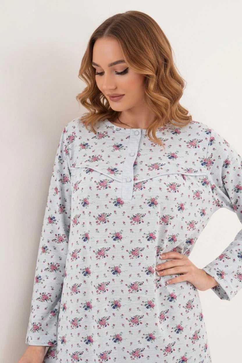 Flower Patterned Plus Size Maternity Feeding-Friendly Nightgown Blue - C6205