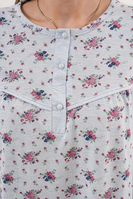 Flower Patterned Plus Size Maternity Feeding-Friendly Nightgown Blue - C6205