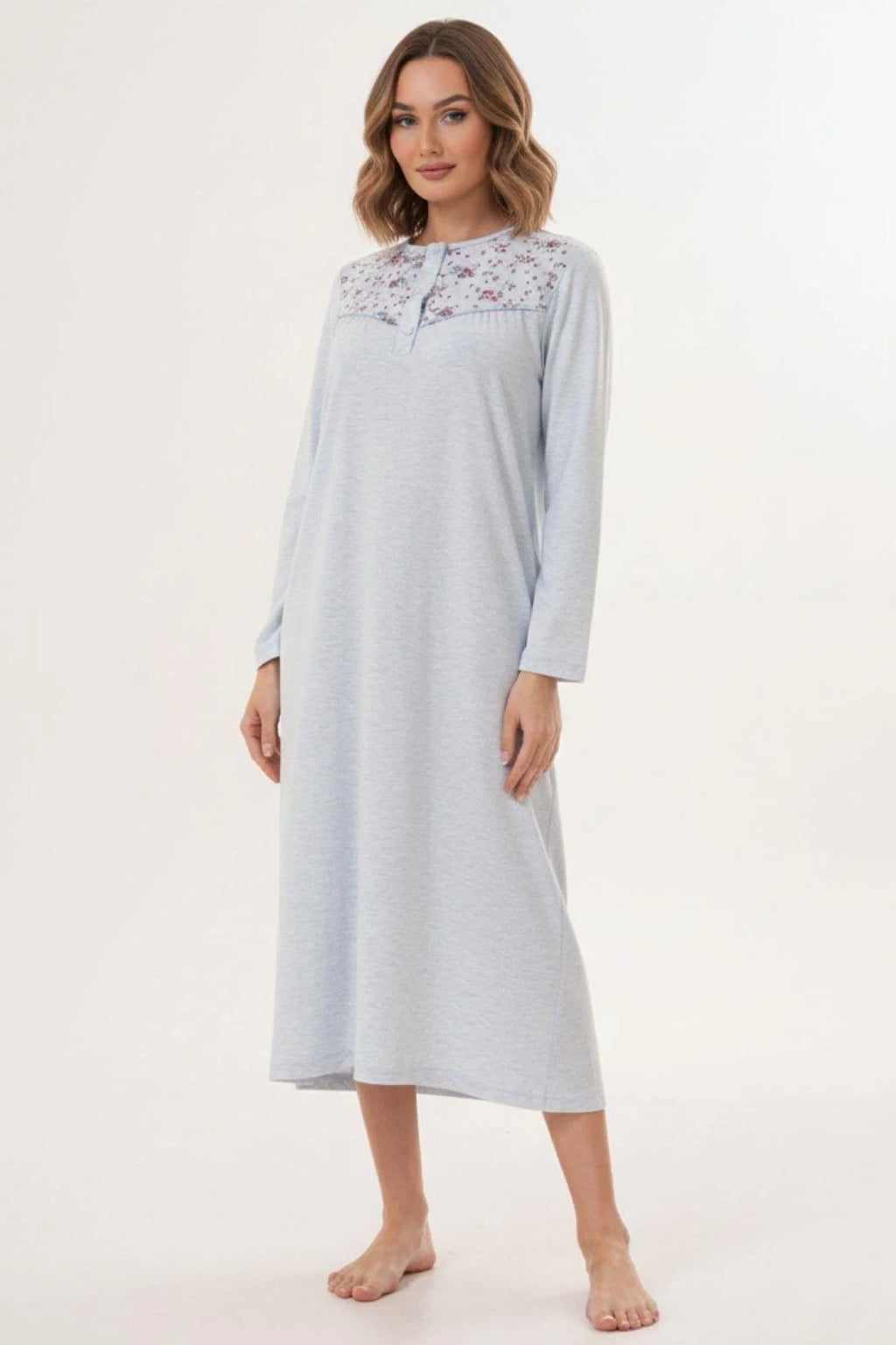 Flowery Collar Plus Size Maternity Feeding-Friendly Nightgown Blue - C6207