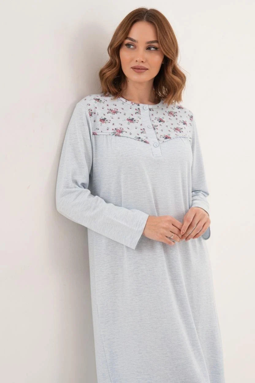 Flowery Collar Plus Size Maternity Feeding-Friendly Nightgown Blue - C6207