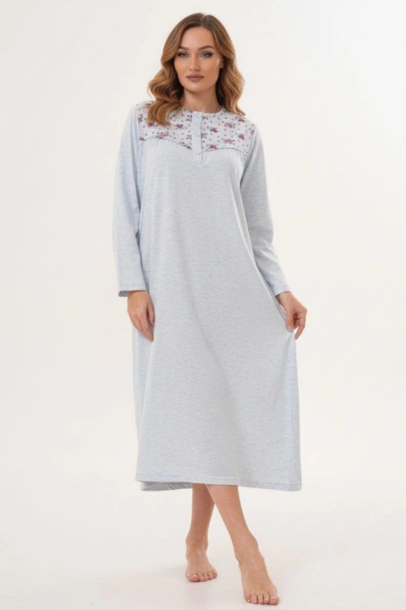 Flowery Collar Plus Size Maternity Feeding-Friendly Nightgown Blue - C6207