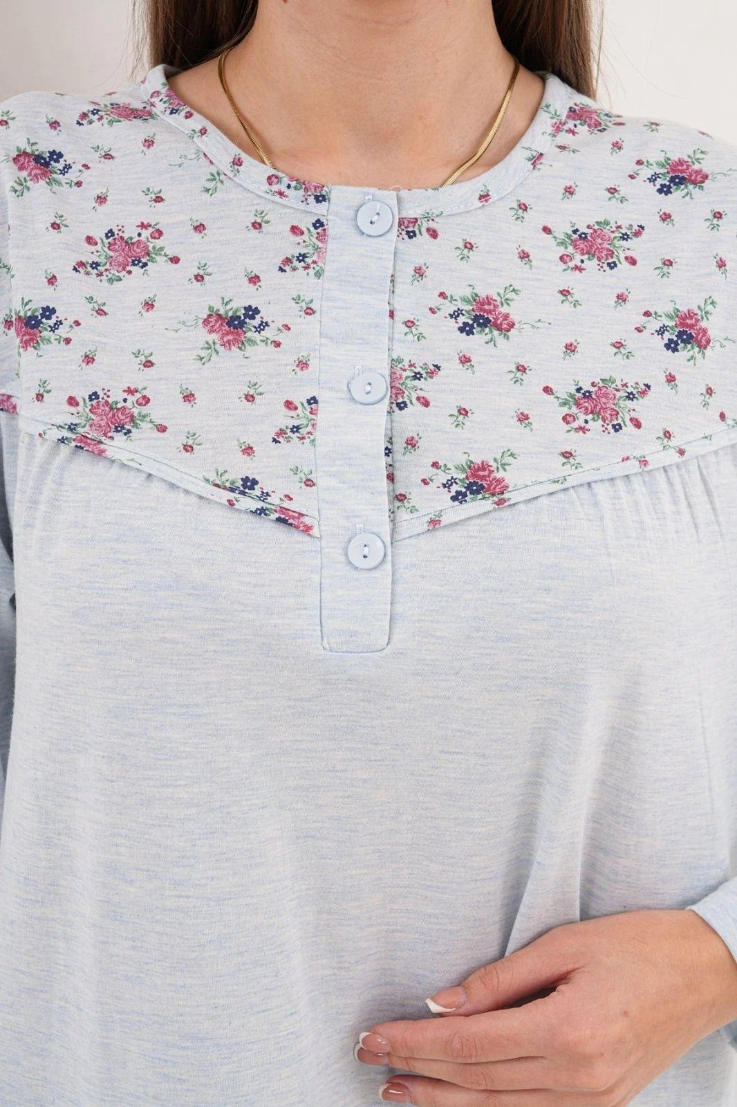 Flowery Collar Plus Size Maternity Feeding-Friendly Nightgown Blue - C6207