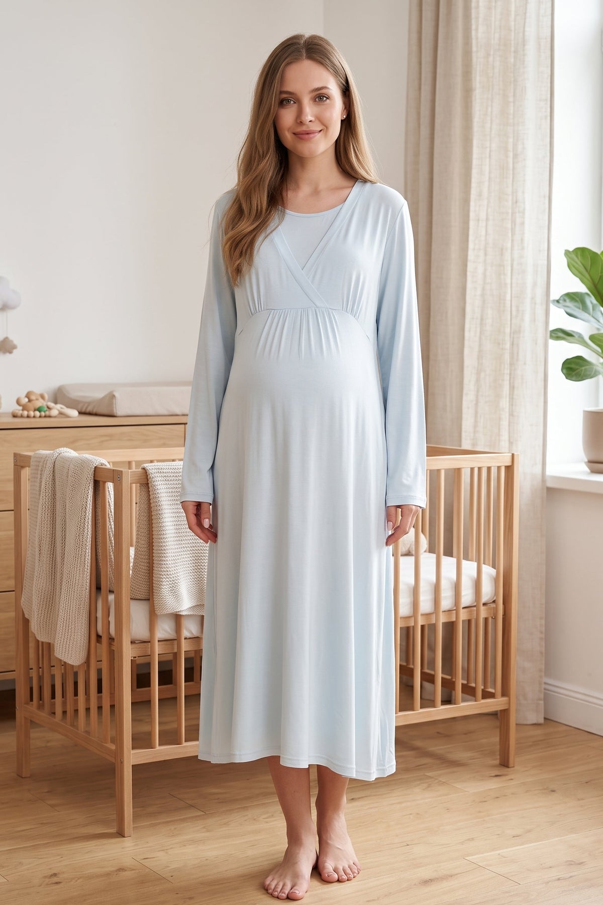 Breastfeeding Detailed Maternity Feeding-Friendly Nightgown & Robe Set Blue - L622