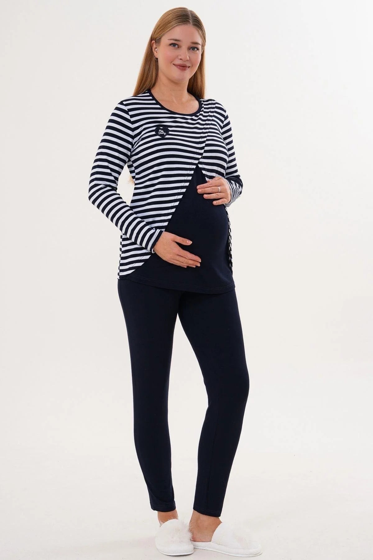 Relaxable Easy Breastfeeding Maternity Feeding-Friendly Pajama Set Navy Blue - C6303