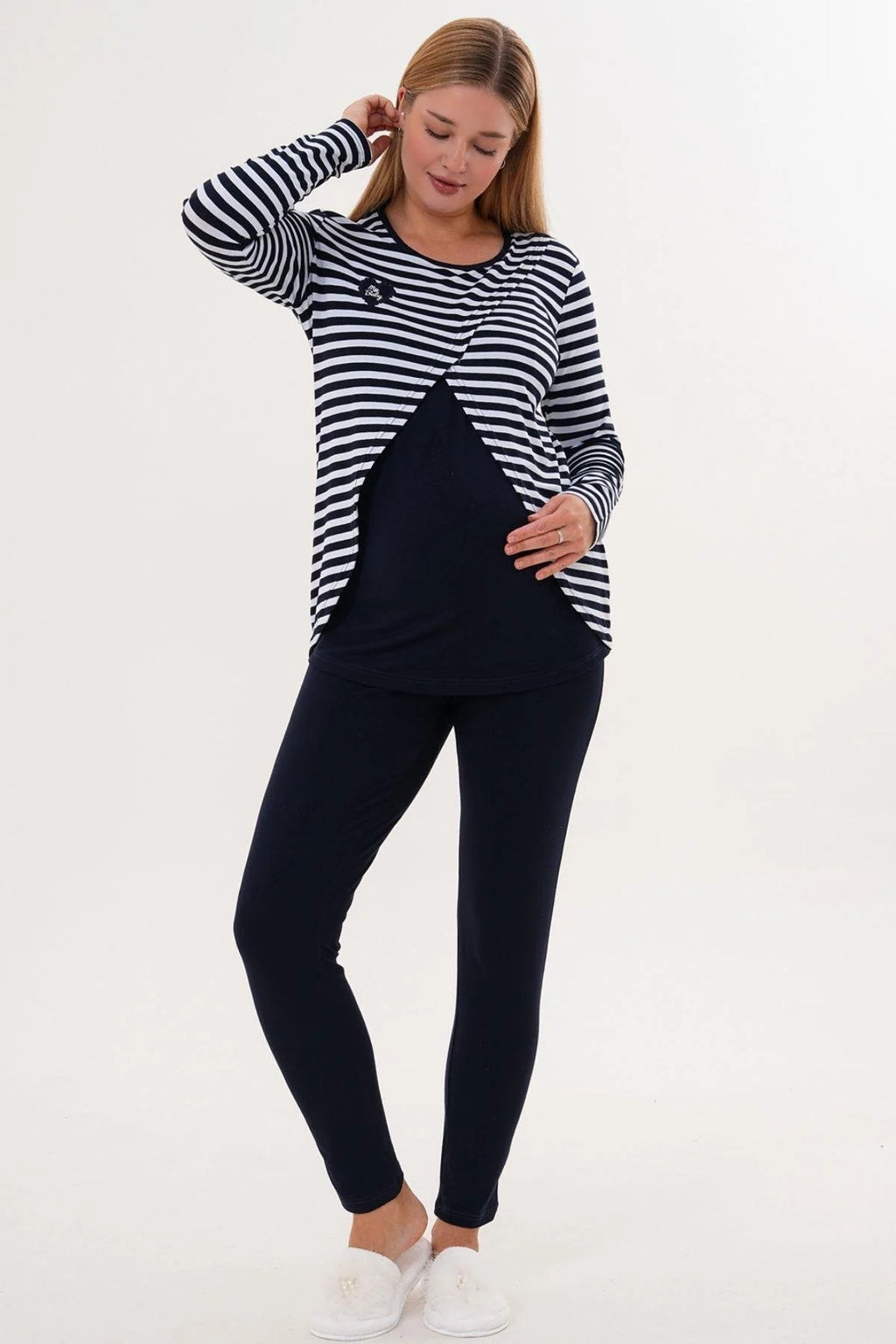 Relaxable Easy Breastfeeding Maternity Feeding-Friendly Pajama Set Navy Blue - C6303