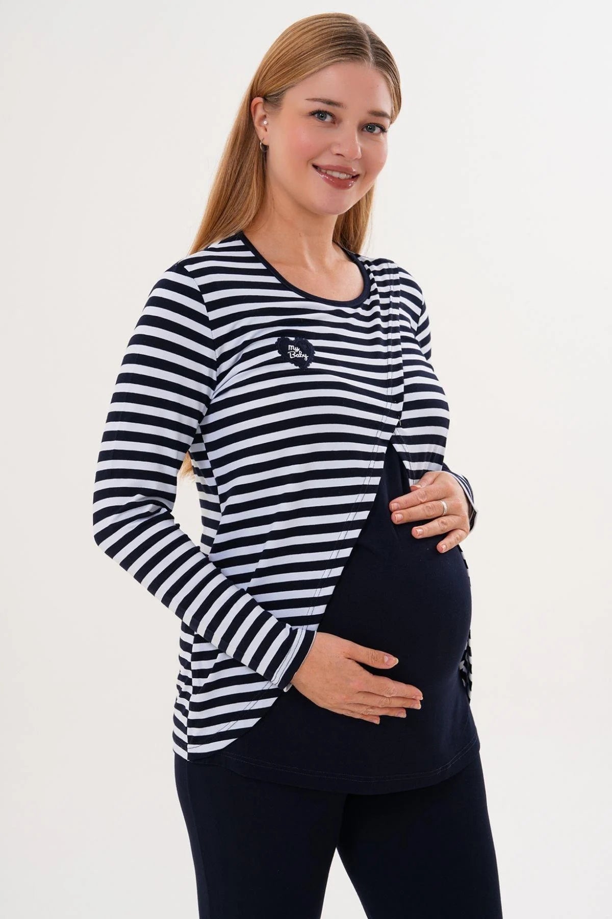 Relaxable Easy Breastfeeding Maternity Feeding-Friendly Pajama Set Navy Blue - C6303