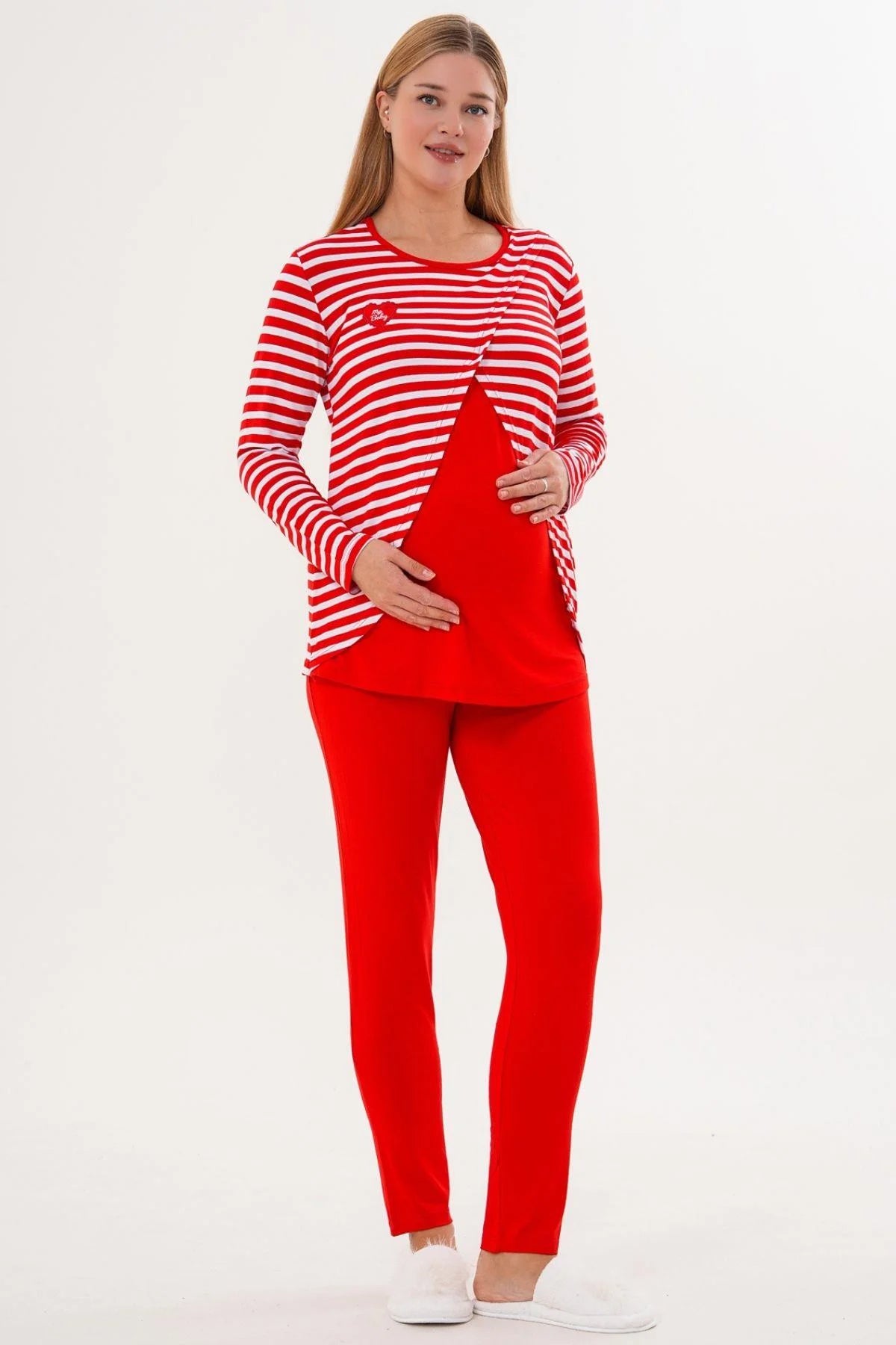Relaxable Easy Breastfeeding Maternity Feeding-Friendly Pajama Set Red - C6303
