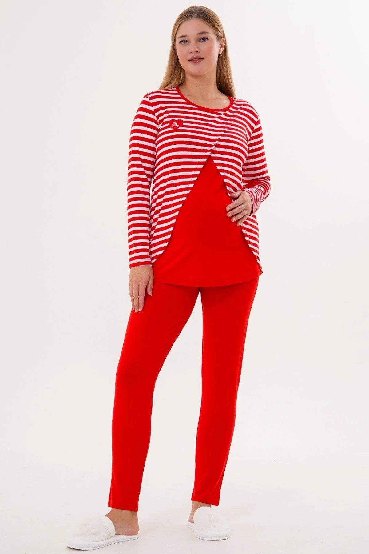 Relaxable Easy Breastfeeding Maternity Feeding-Friendly Pajama Set Red - C6303