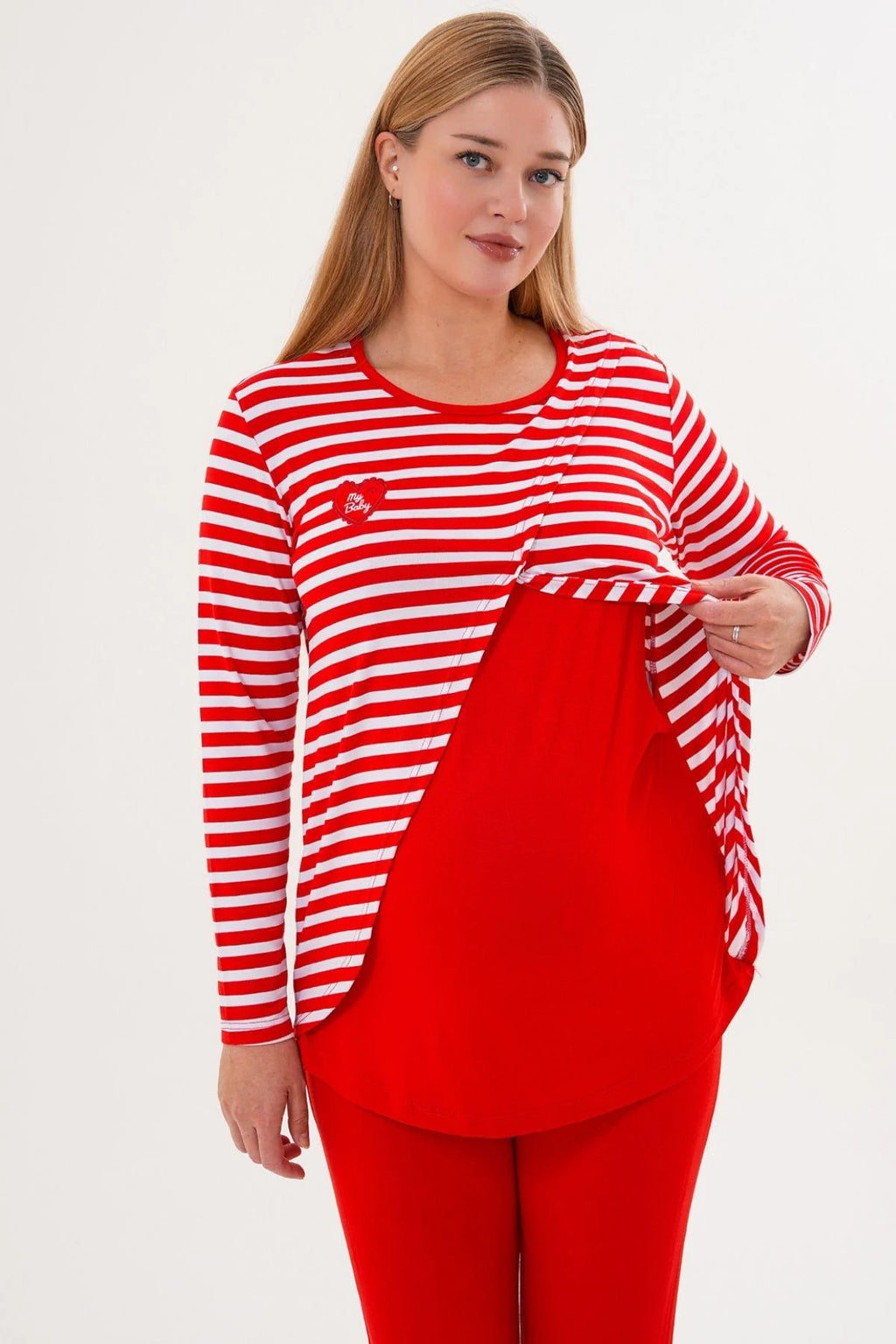 Relaxable Easy Breastfeeding Maternity Feeding-Friendly Pajama Set Red - C6303