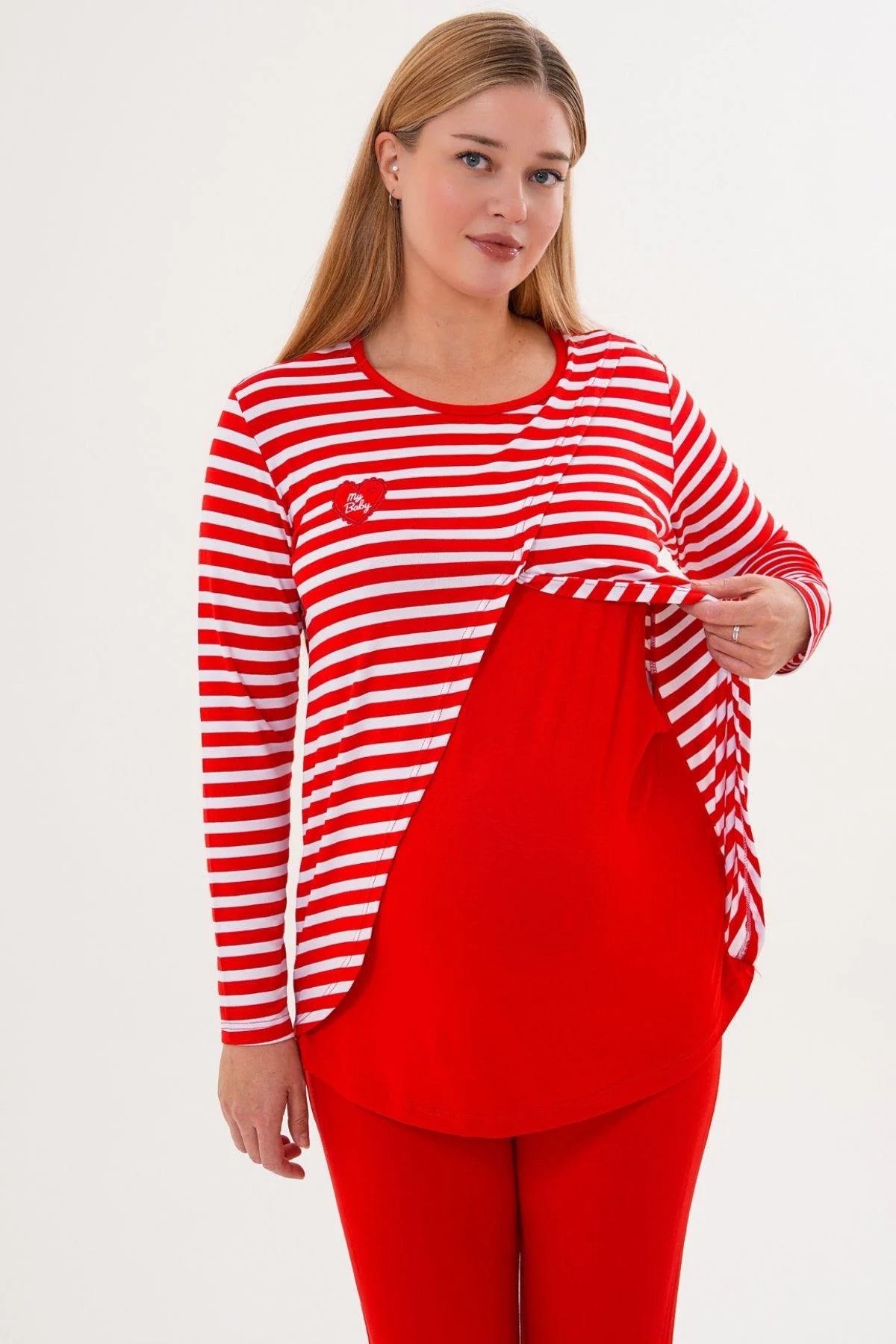 Relaxable Easy Breastfeeding Maternity Feeding-Friendly Pajama Set Red - C6303