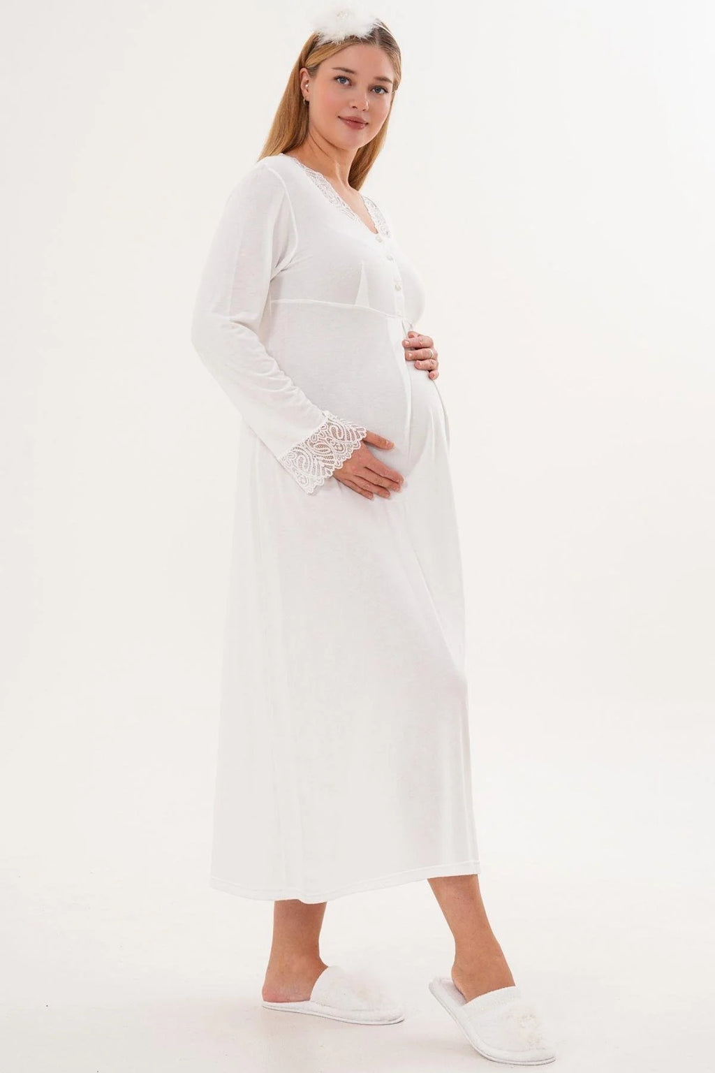 Lace Sleeve and Collar Maternity Feeding-Friendly Nightgown (with Scarf) Ecru - C6305s