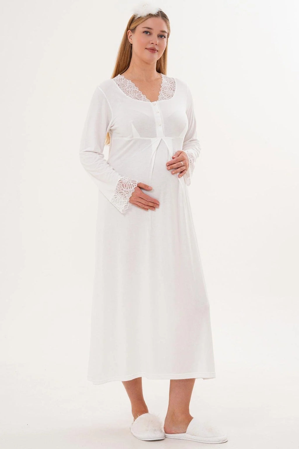 Lace Sleeve and Collar 4-Piece Maternity Feeding-Friendly Set Ecru - C6332
