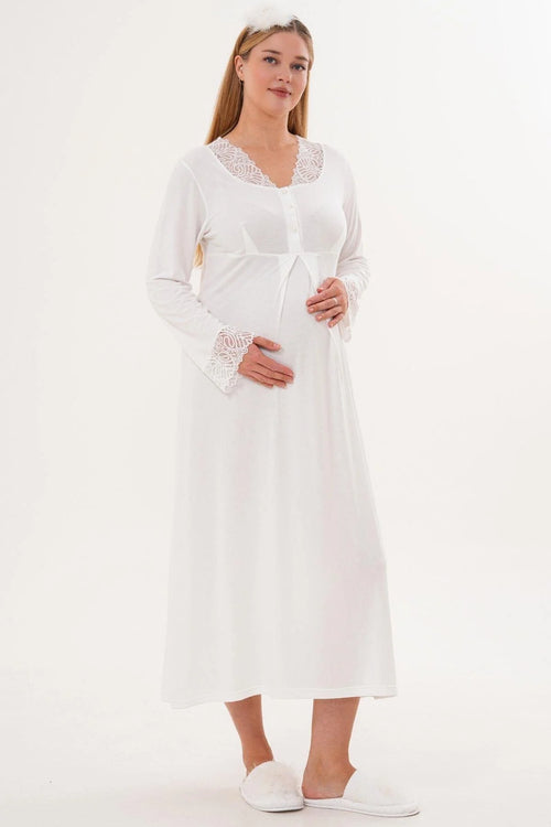 Lace Sleeve and Collar 4-Piece Maternity Feeding-Friendly Set Ecru - C6332