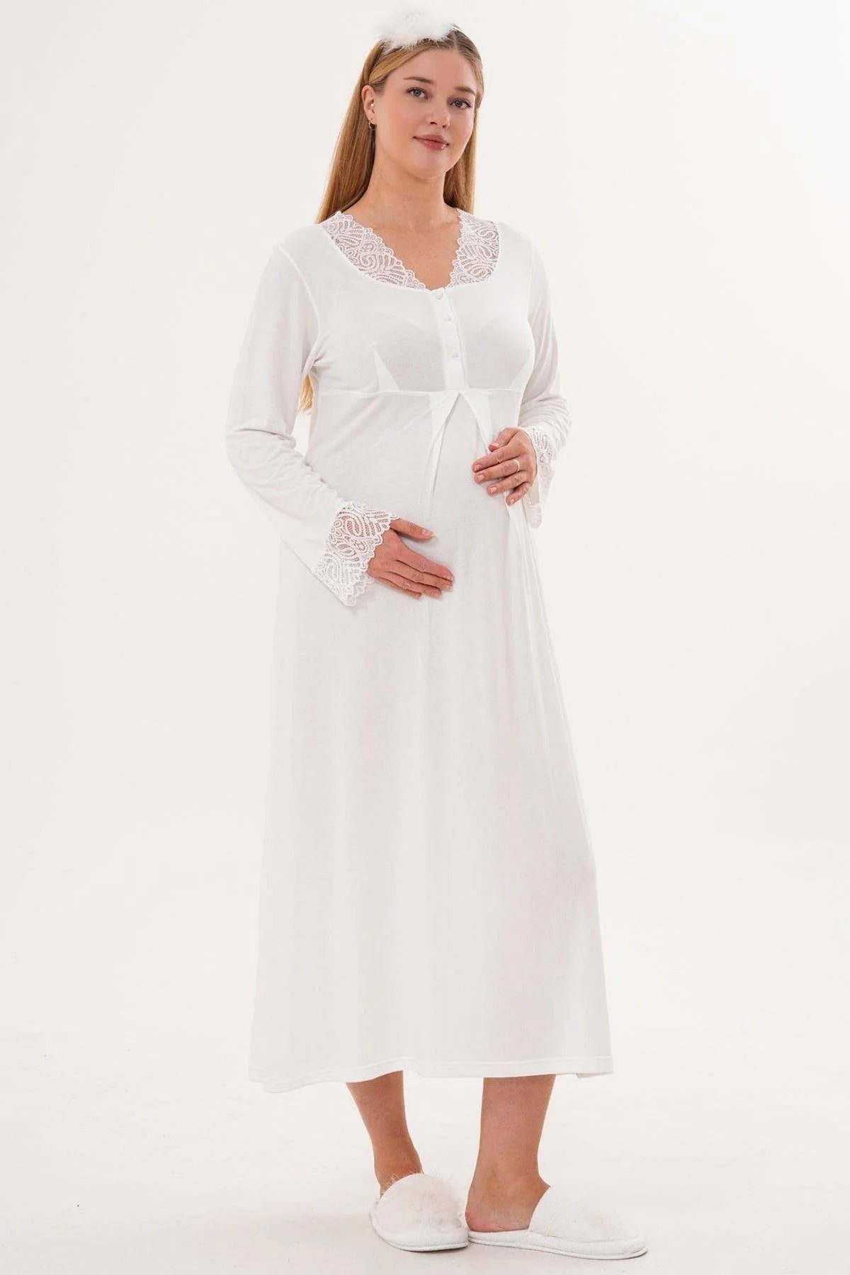 Lace Sleeve and Collar Maternity Feeding-Friendly Nightgown (with Scarf) Ecru - C6305s