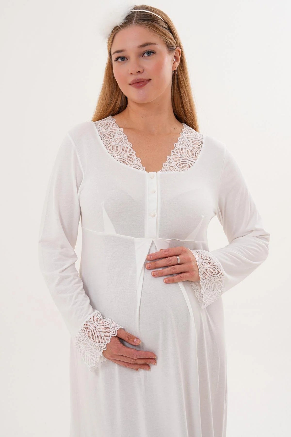 Lace Sleeve and Collar 4-Piece Maternity Feeding-Friendly Set Ecru - C6332