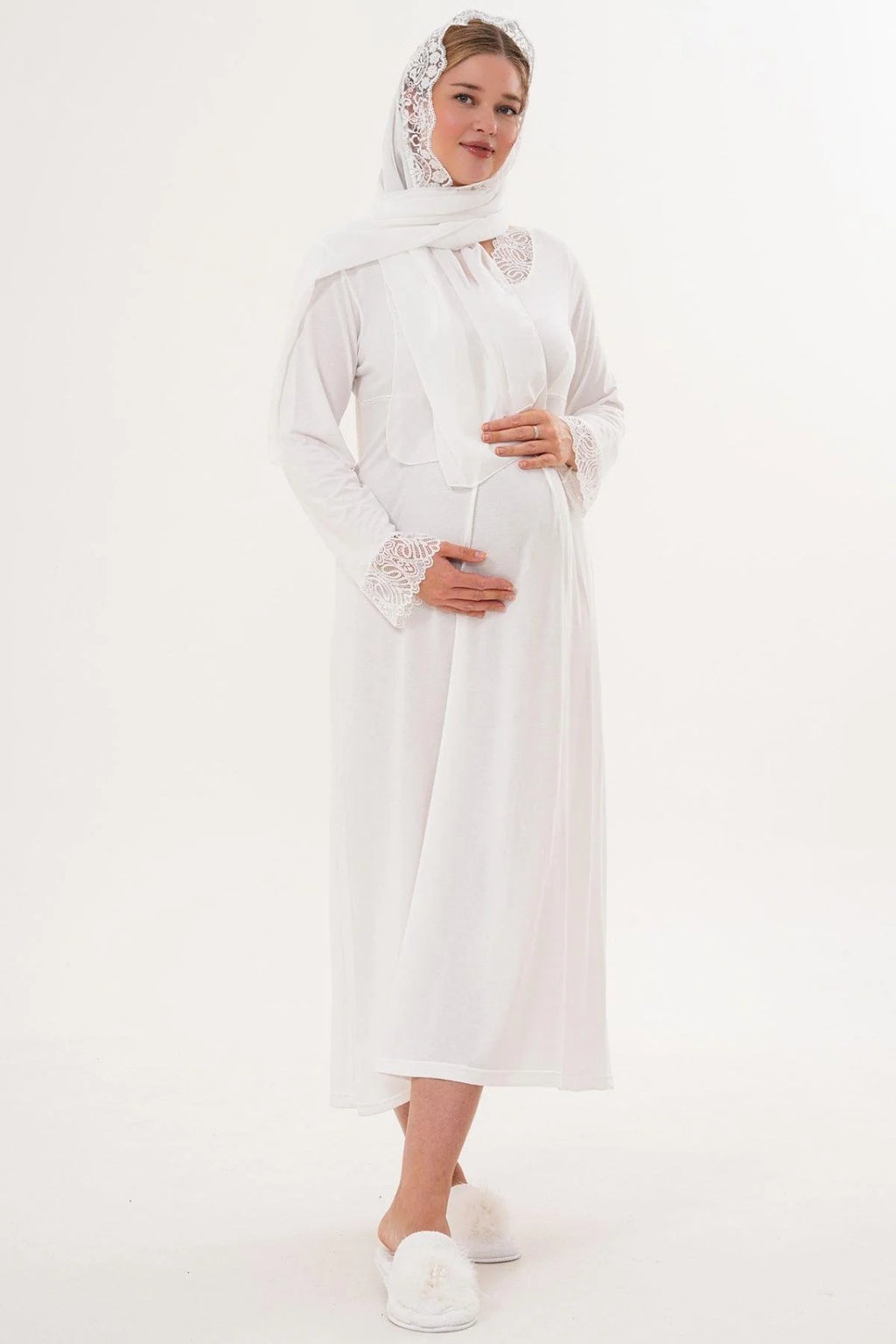 Lace Sleeve and Collar Maternity Feeding-Friendly Nightgown (with Scarf) Ecru - C6305s