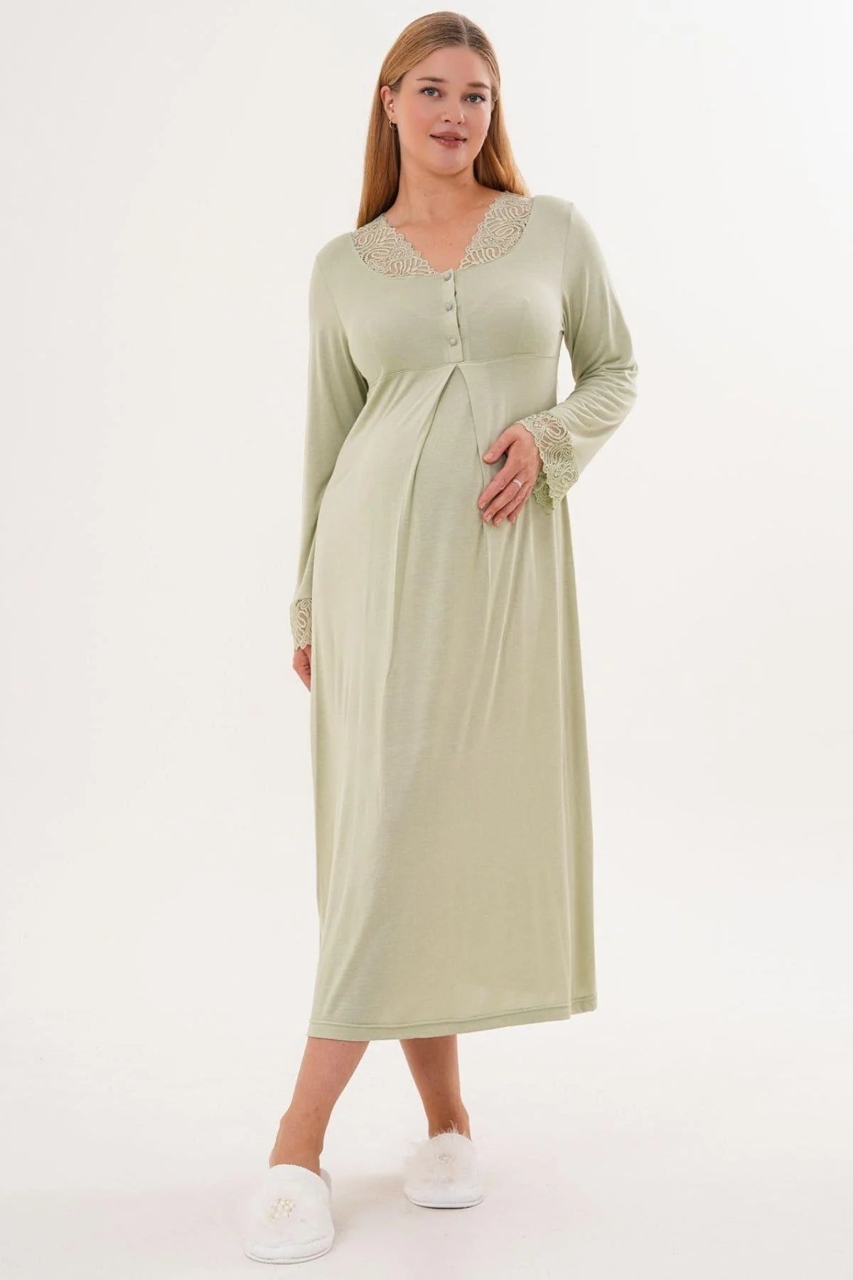 Lace Sleeve and Collar Maternity Feeding-Friendly Nightgown Green - C6305