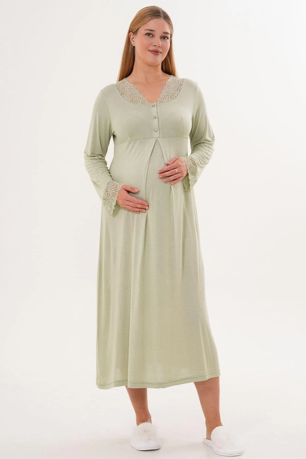 Lace Sleeve and Collar 4-Piece Maternity Feeding-Friendly Set Green - C6332