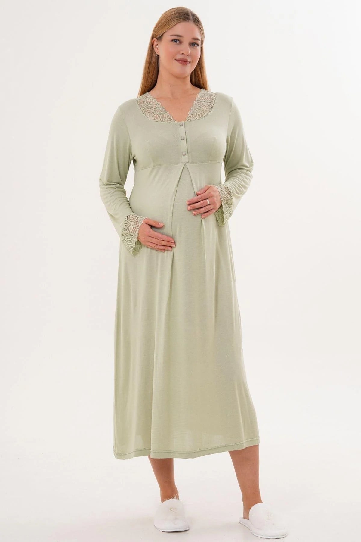 Lace Sleeve and Collar 4-Piece Maternity Feeding-Friendly Set Green - C6332