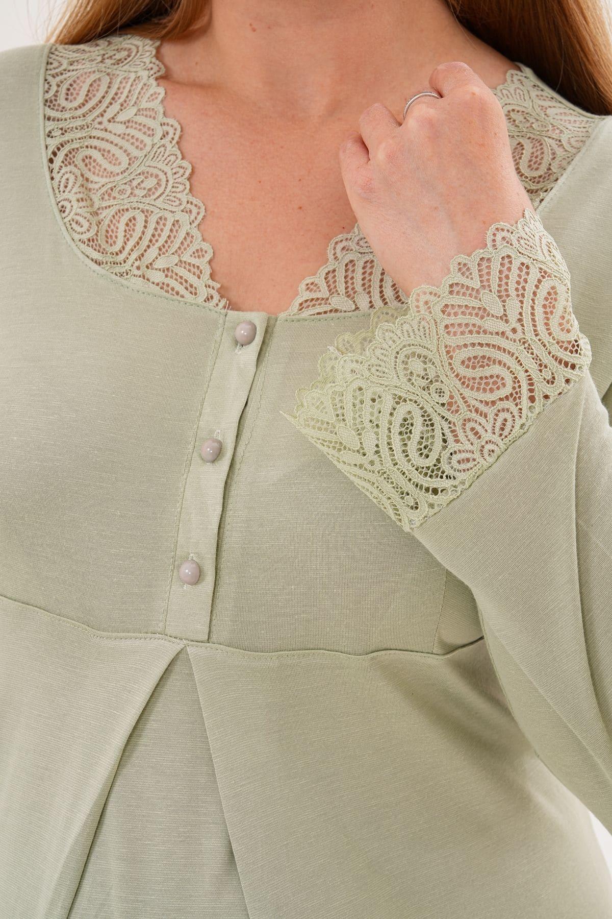 Lace Sleeve and Collar Maternity Feeding-Friendly Nightgown Green - C6305