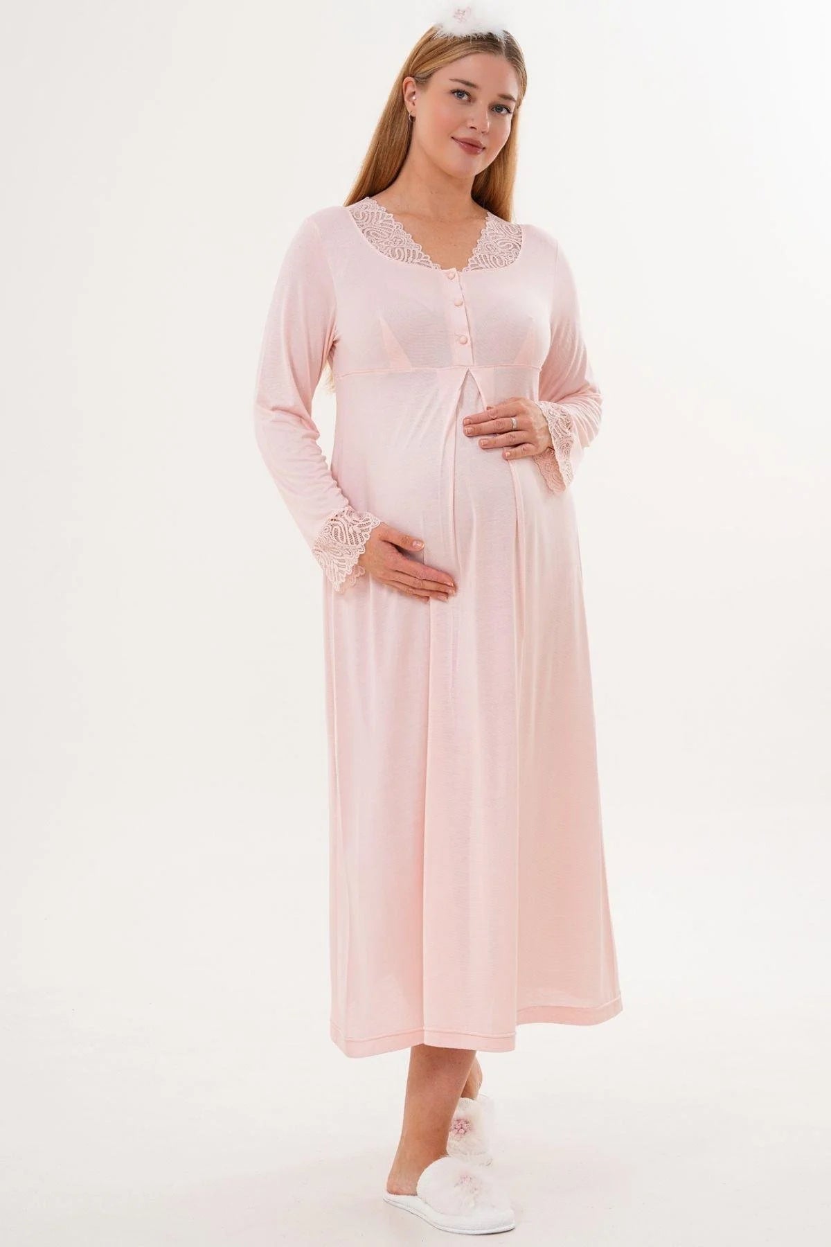 Lace Sleeve and Collar 4-Piece Maternity Feeding-Friendly Set Powder - C6332