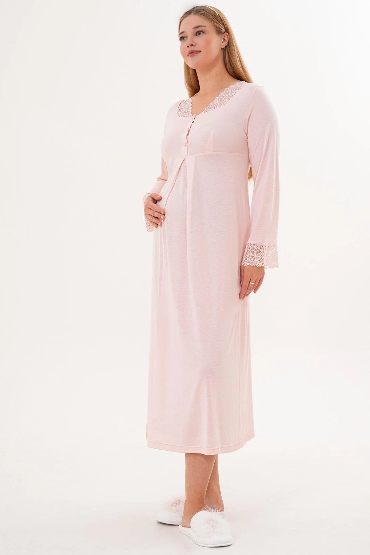 Lace Sleeve and Collar Maternity Feeding-Friendly Nightgown Powder - C6305