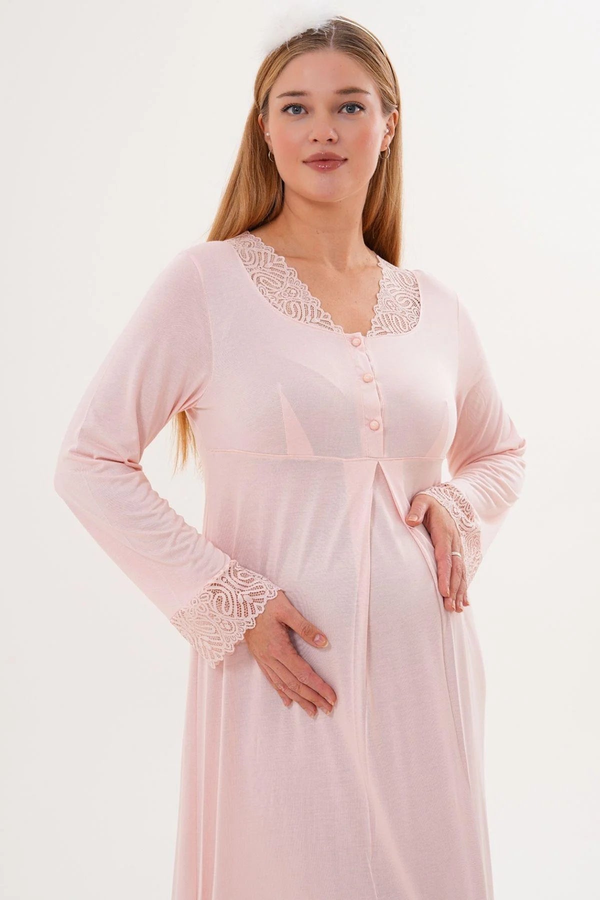 Lace Sleeve and Collar 4-Piece Maternity Feeding-Friendly Set Powder - C6332
