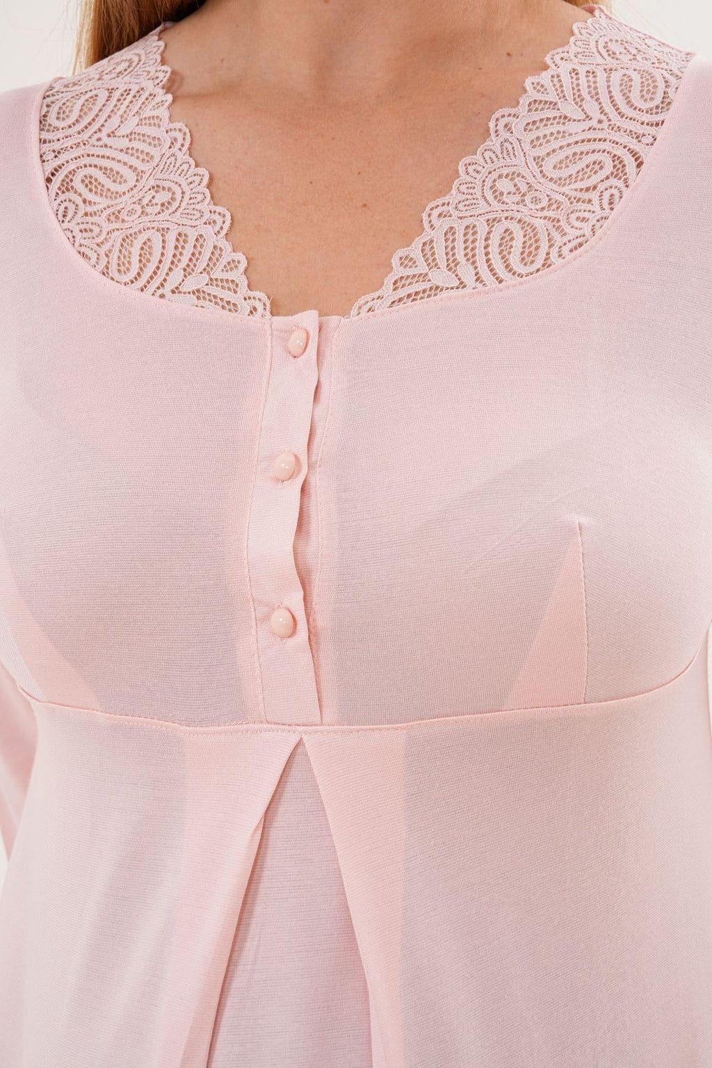 Lace Sleeve and Collar Maternity Feeding-Friendly Nightgown Powder - C6305